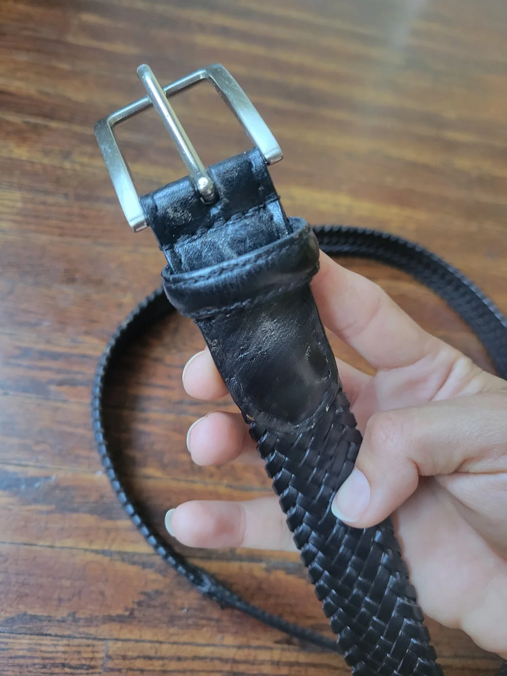 Men's Belt Black 42 Leather Bonded Lace Silver Tone Buckle Casual Dress Men